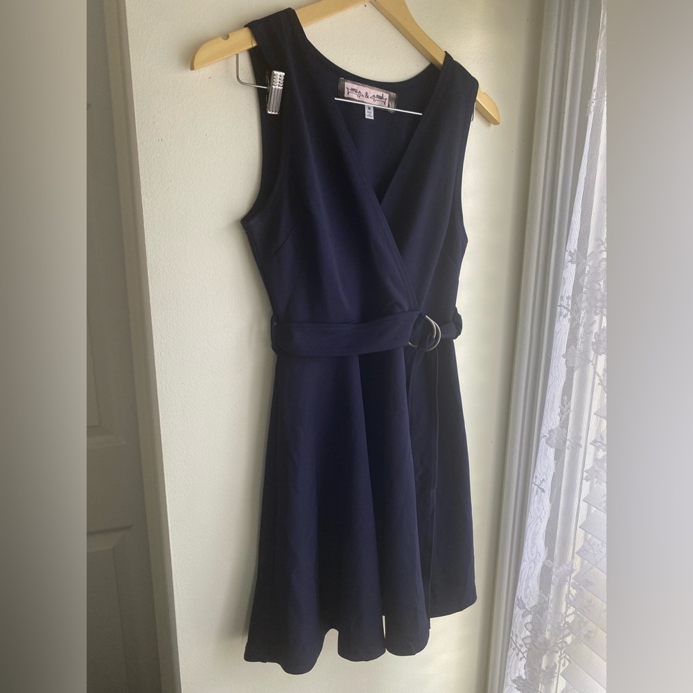 Oona & Maud Anthropologie Navy Tie Waist Surplice Neck Mini Dress Fit & Flare M